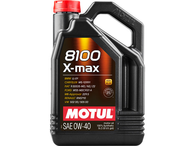 Porsche Engine Oil - MOTUL 8100 X-max - 0W-40 Synthetic (5 Liter), 928/Boxster/Cayman/Cayenne/911/Panamera/924/Macan/944/968/718 Boxster/718 Cayman/918 Spyder | 1984-2019 114864