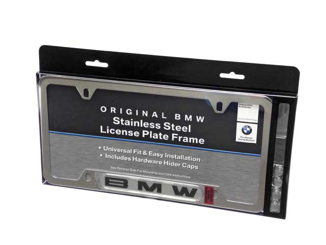 License Plate Frame - Polished Stainless Steel with Black "BMW"