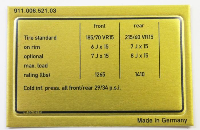 Porsche Data Plate For Tyre Pressure - 911 1977 911-006-521-03