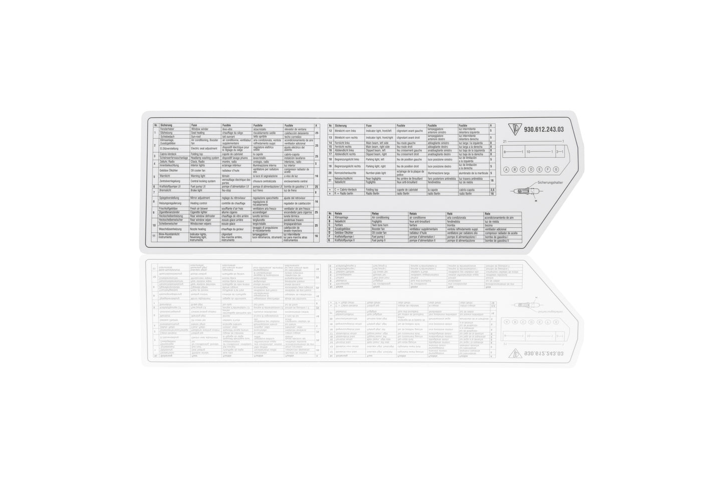 Porsche Fuse & Relay Assignment Card - 930 1989 930-612-243-03