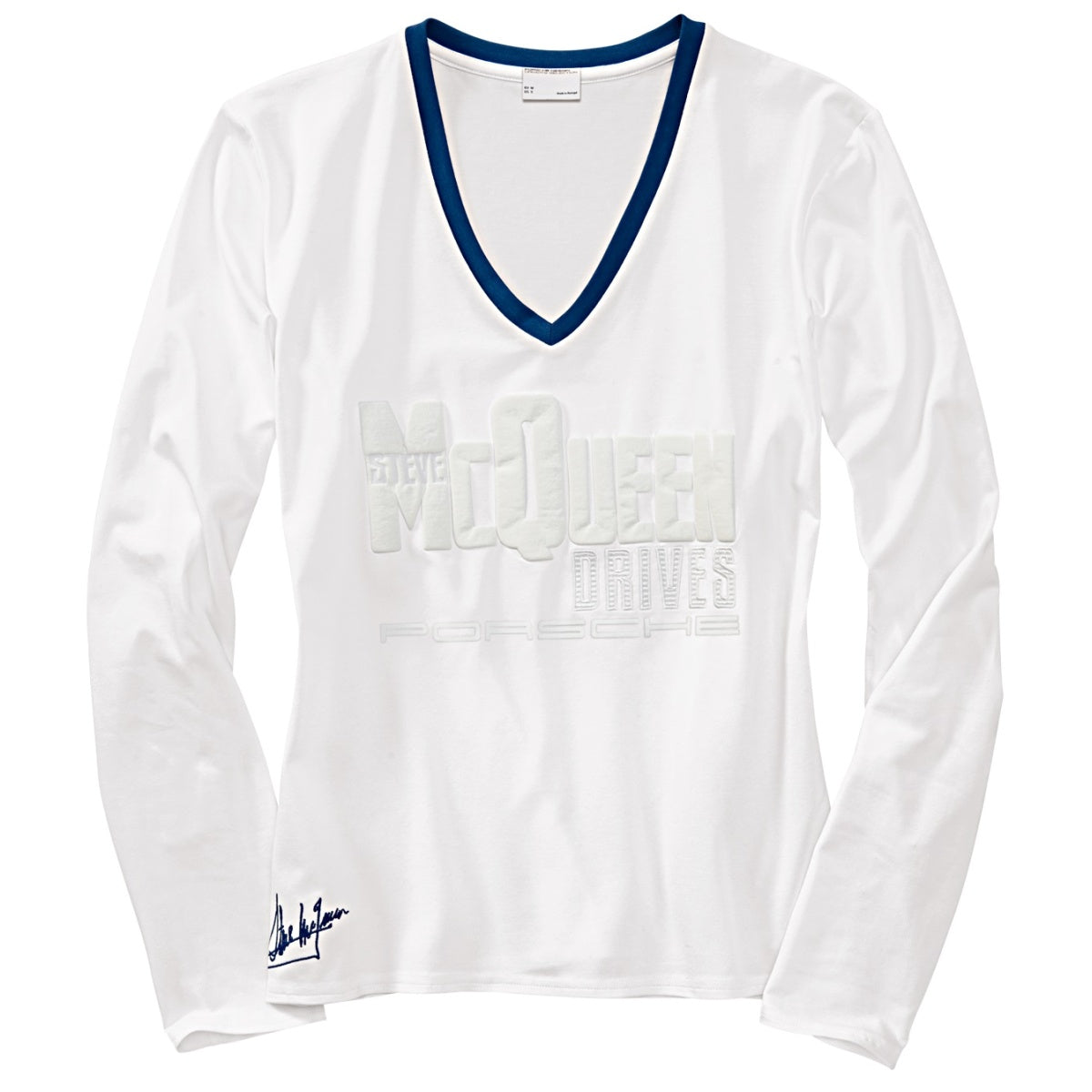 Porsche Steve McQueen Ladies Long Sleeve V-Neck Shirt - White