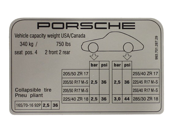 Porsche Tire Pressure Decal - 911 95-98