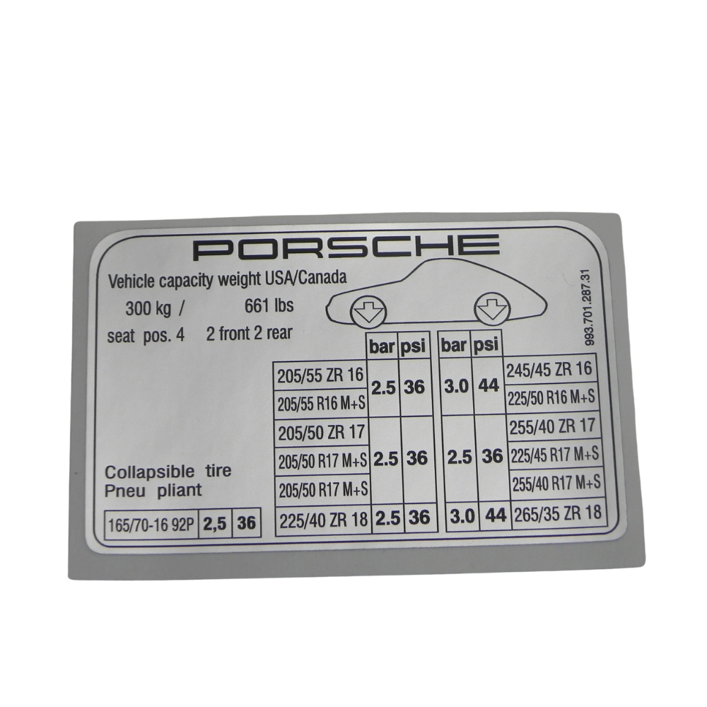 Porsche Tire Pressure Decal - 911 95-98