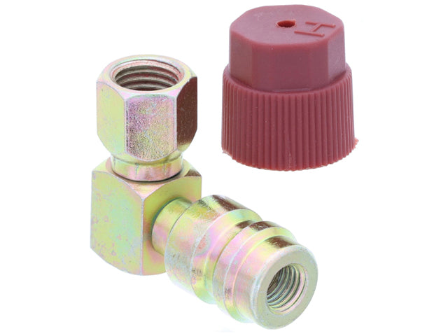 A/C System Retrofit Fitting - R134a - 90 Degree Swivel Steel 7/16" - High Side with Cap MT0148