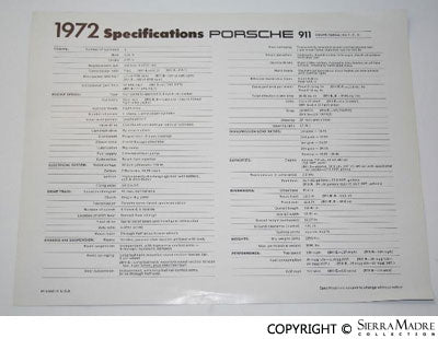 Porsche 1972 911 Specifications Sheet Manual SMC-000-215