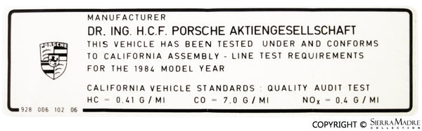Porsche Actual Emission Results Decal 1984 928-006-102-06
