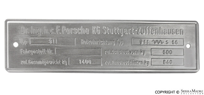 Porsche Chassis ID Plate - 2.0 911 65-69 911-723-009-19
