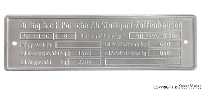 Porsche Chassis ID Plate - 2.7 911Carrera 1974 911-723-009-16