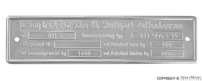 Porsche Chassis ID Plate - 911S 2.0 911-701-101-00