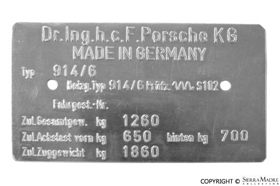 Porsche Chassis ID Plate - 914/6 914-701-101-00