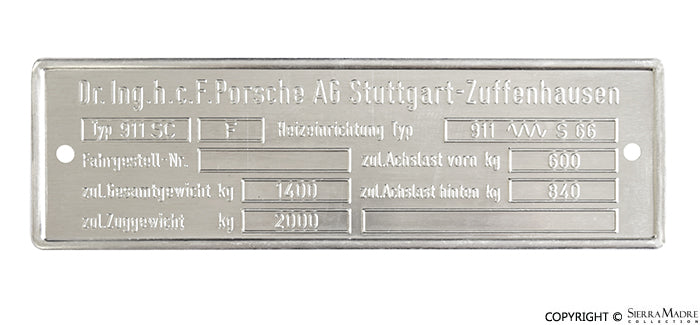 Porsche Chassis ID Plate - Late 2.7 911 CarreraRS 1973 AG 911-723-009-20