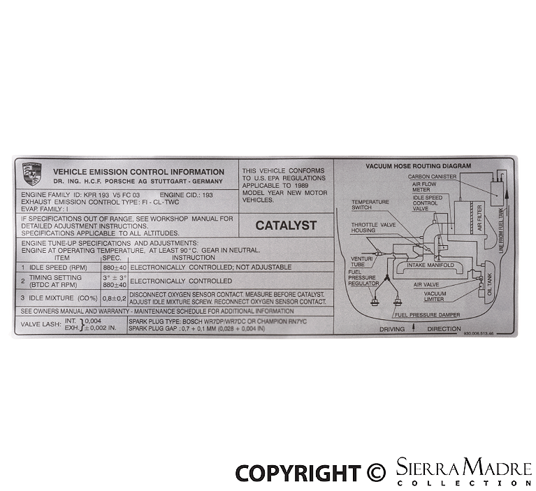 Porsche Engine Specification Decal - 911 Carrera - 1989 930-006-513-46