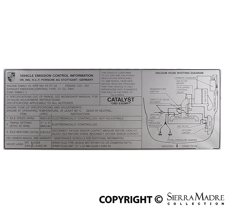 Porsche Engine Specification Decal - 911 Carrera - 1989