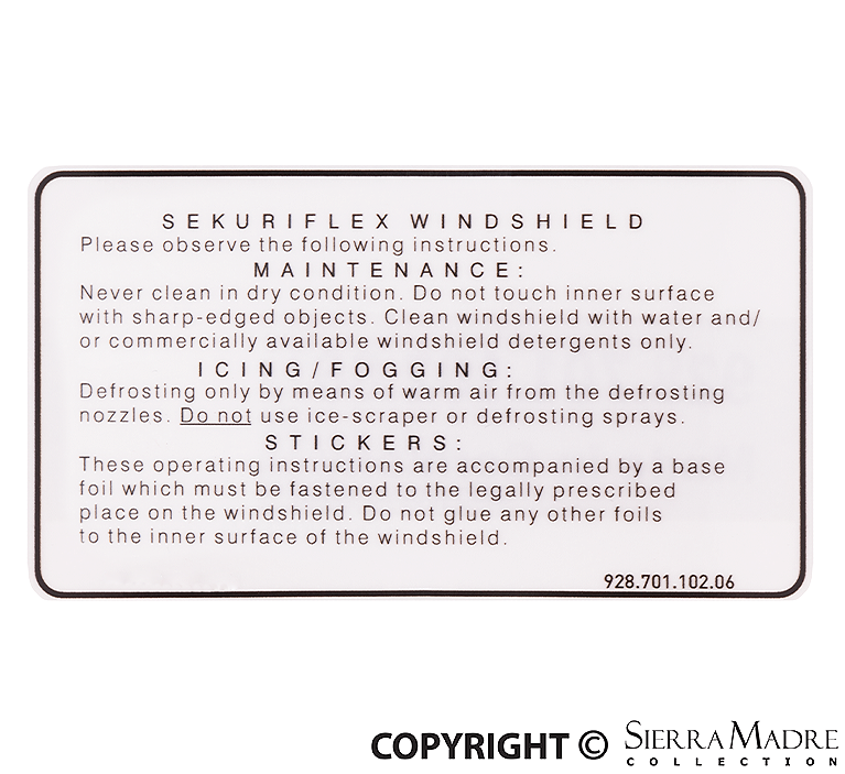 Porsche Sekuriflex Decal - English - 911 - 87-89 928-701-102-06