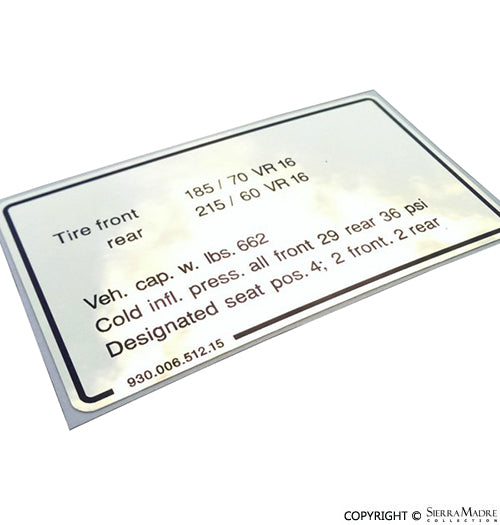 Porsche Tire Pressure Decal - 911 84-89