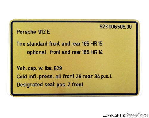 Porsche Tire Pressure Decal - 912E - 1976 923-006-506-00
