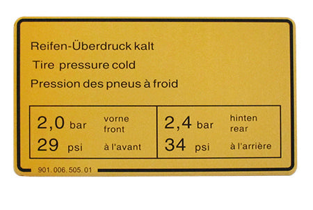 Porsche Tire Pressure Decal - Normal - 911 Carrera 2.7 901-006-505-01