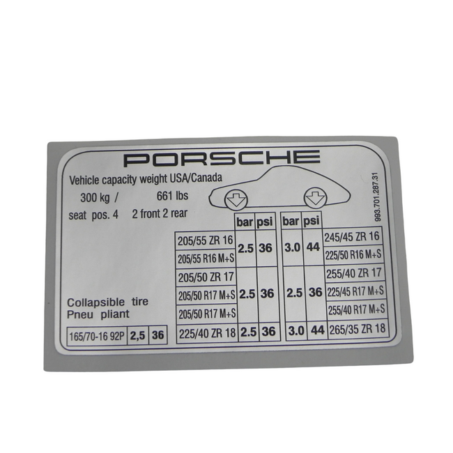 Tire Pressure Decal, 911 (95-98)