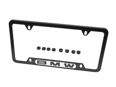 License Plate Frame - Black Stainless Steel with Black "BMW" 82120010398
