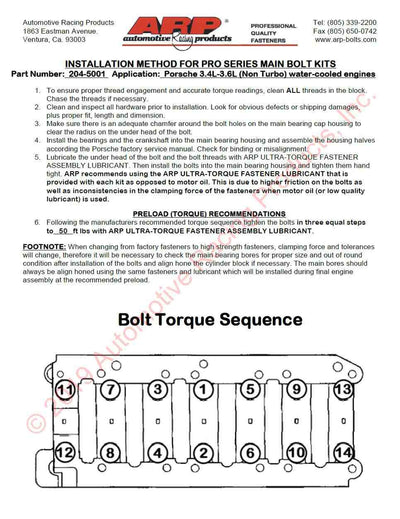 Porsche ARP 204-5001 M96/M97 Carrier Through Bolt Kit Porsche Boxster - Cayman - 911 204-5001