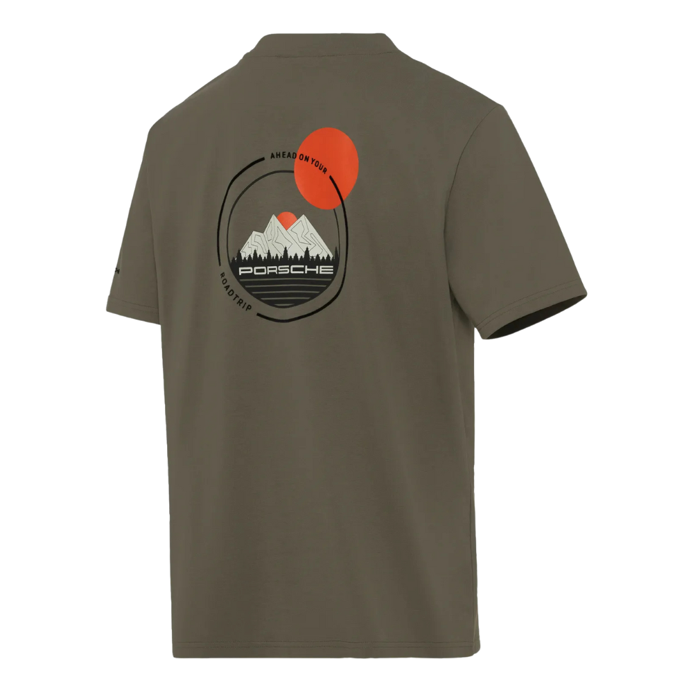 Porsche Ahead Flock Print Mens Olive Green T-Shirt