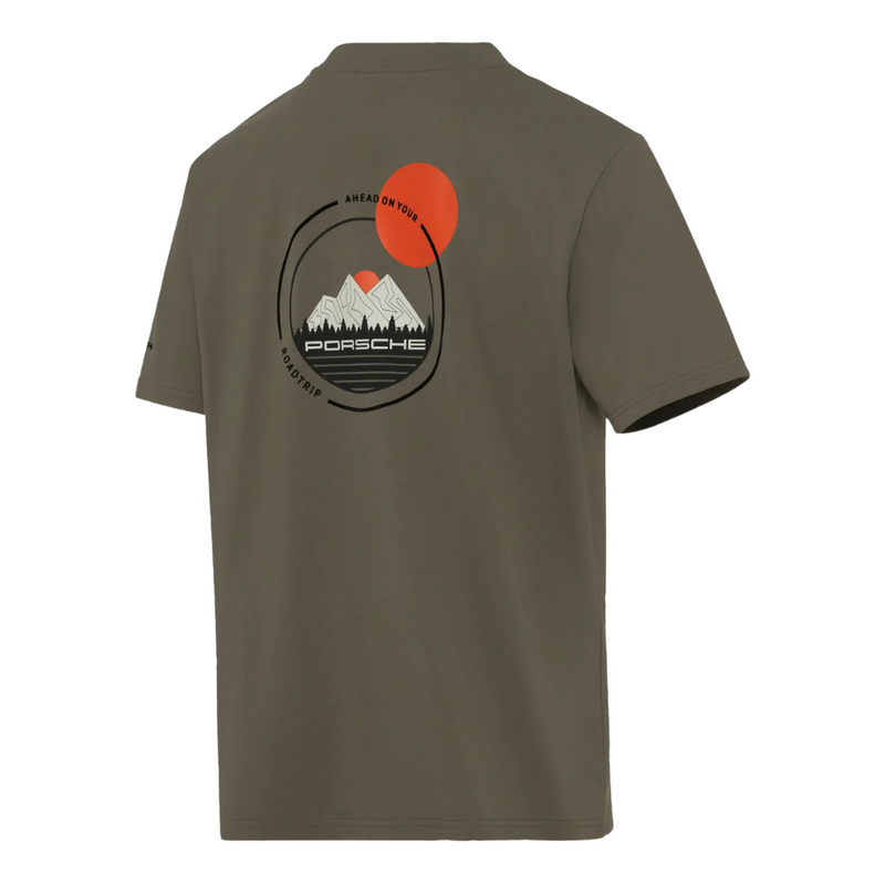 Porsche Ahead Flock Print Mens Olive Green T-Shirt