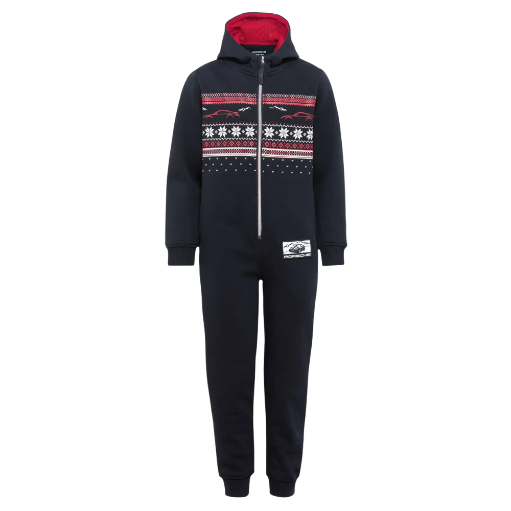 Porsche Christmas Festive Print Kids Jumpsuit With Attached Hood