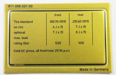 Porsche Data Plate For Tyre Pressure - 911 1977 911-006-521-03