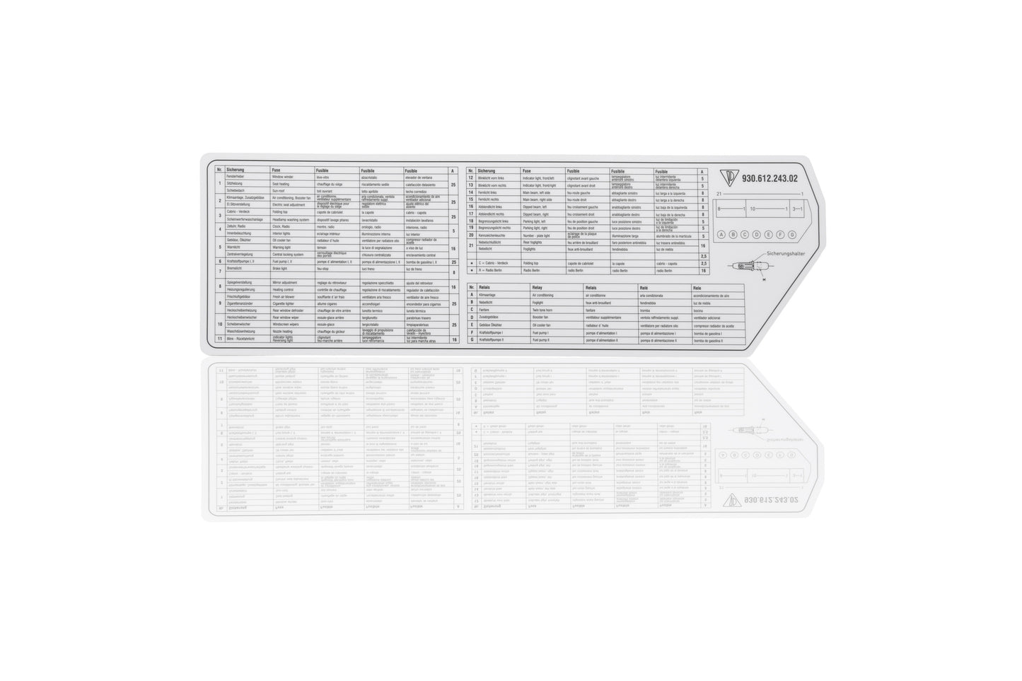 Porsche Fuse & Relay Assignment Card - 930 87-88 930-612-243-02