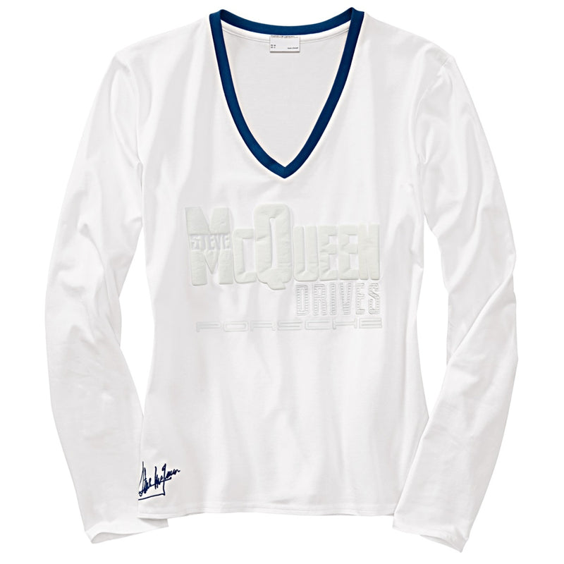 Porsche Steve McQueen Ladies Long Sleeve V-Neck Shirt - White