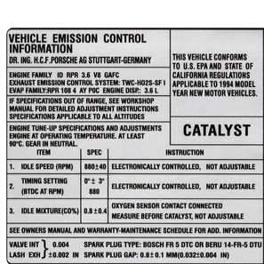 Porsche Sticker Engine Characteristics - 911 89-94 964-006-109-17