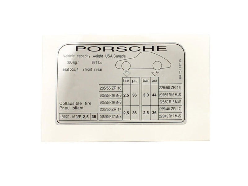 Porsche Tire Pressure Decal - 911 89-94