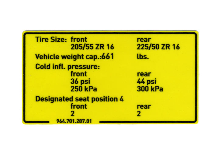 Porsche Tire Pressure Decal - 911 89-94 964-701-287-01