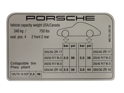 Porsche Tire Pressure Decal - 911 95-98