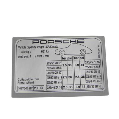 Porsche Tire Pressure Decal - 911 95-98