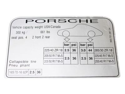 Porsche Tire Pressure Decal - 911 95-98 993-701-287-24