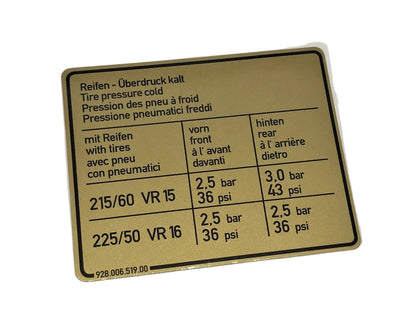 Porsche Tire Pressure Decal - 928 78-82 928-006-519-00