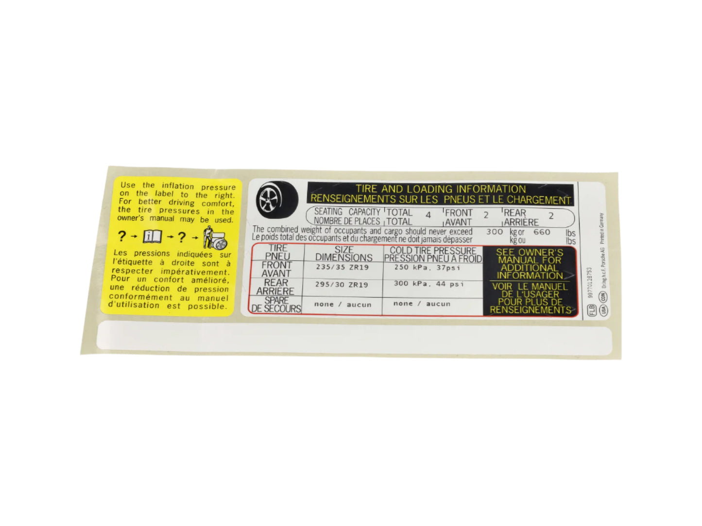 Porsche Tyre Pressure Decal - 911 05-08 997-701-287-53
