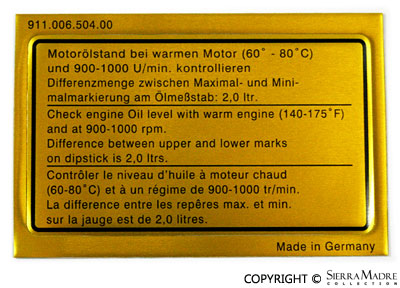 Engine Oil Level Decal, 911 (1973+) - Sierra Madre Collection