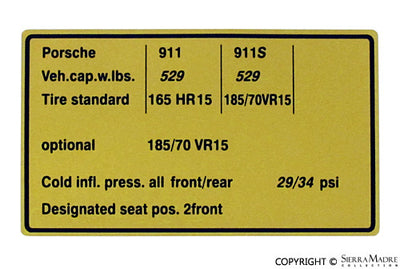 Tire Pressure Decal, 911/911S, (1974) - Sierra Madre Collection