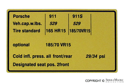 Tire Pressure Decal, 911/911S, (1974) - Sierra Madre Collection