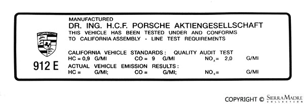 California Emission Sticker, 912E (1976) - Sierra Madre Collection