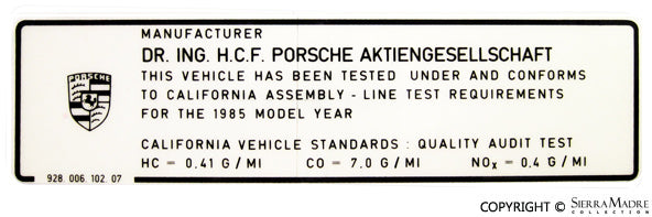 Porsche Actual Emission Results Decal 1985 928-006-102-07