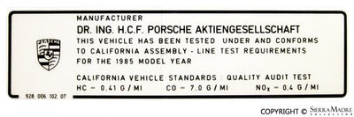 Porsche Actual Emission Results Decal 1985 928-006-102-07