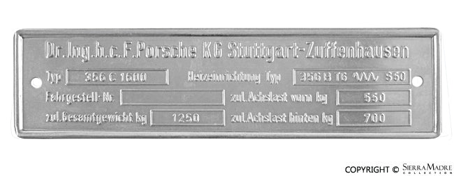 Porsche Chassis ID Plate - 356C Reutter 000-723-009-06