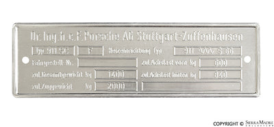 Porsche Chassis ID Plate - Late 2.7 911 CarreraRS 1973 AG 911-723-009-20