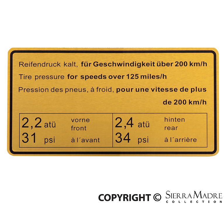 Porsche Tire Pressure Decal - 200 km/h - 911/912/914 67-76 901-006-507-00