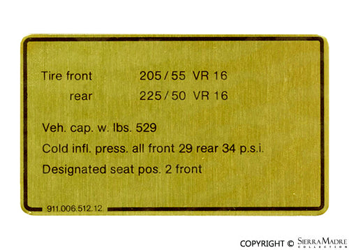Porsche Tire Pressure Decal - 911 1980 911-006-512-12