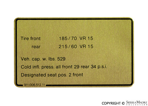 Porsche Tire Pressure Decal - 911 78-80 911-006-512-11