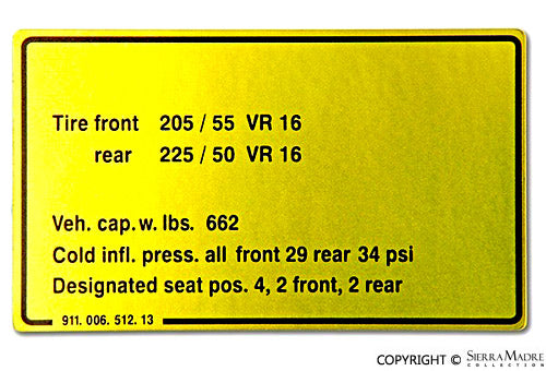 Porsche Tire Pressure Decal - 911 78-86 911-006-512-13